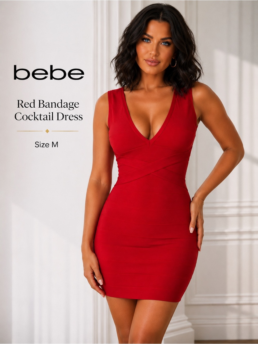 Bebe Red Bandage Cocktail Dress M Bodycon V Neck Club Party Date Night